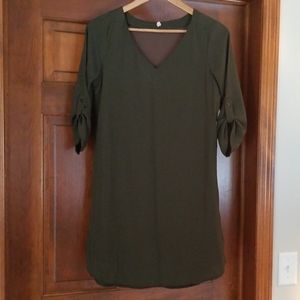 Olive Green Roll Cuff Blouse Style Dress